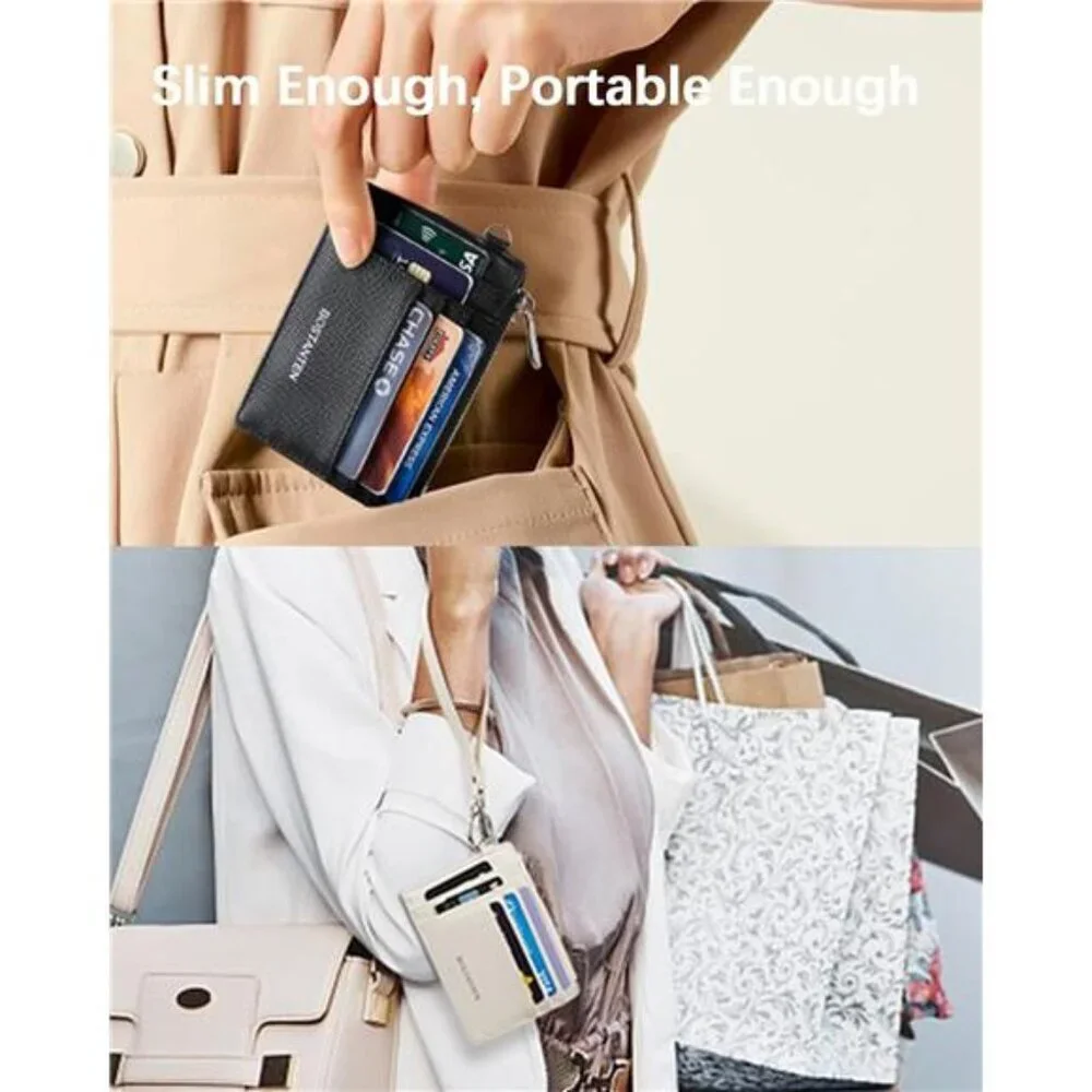 RFID Leather Wallet for Women Slim Card Holder with Zipper Keychain